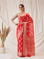 Hiral Fashion Red Banarasi Organza Silk Floral Woven Design Saree | Grocsy