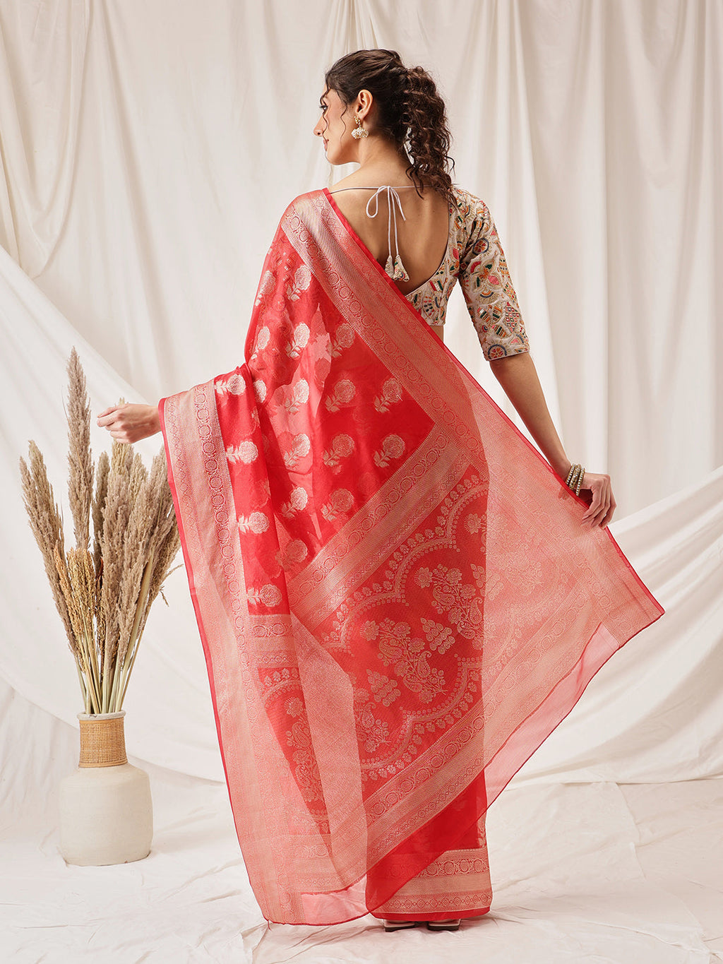 Hiral Fashion Red Banarasi Organza Silk Floral Woven Design Saree | Grocsy