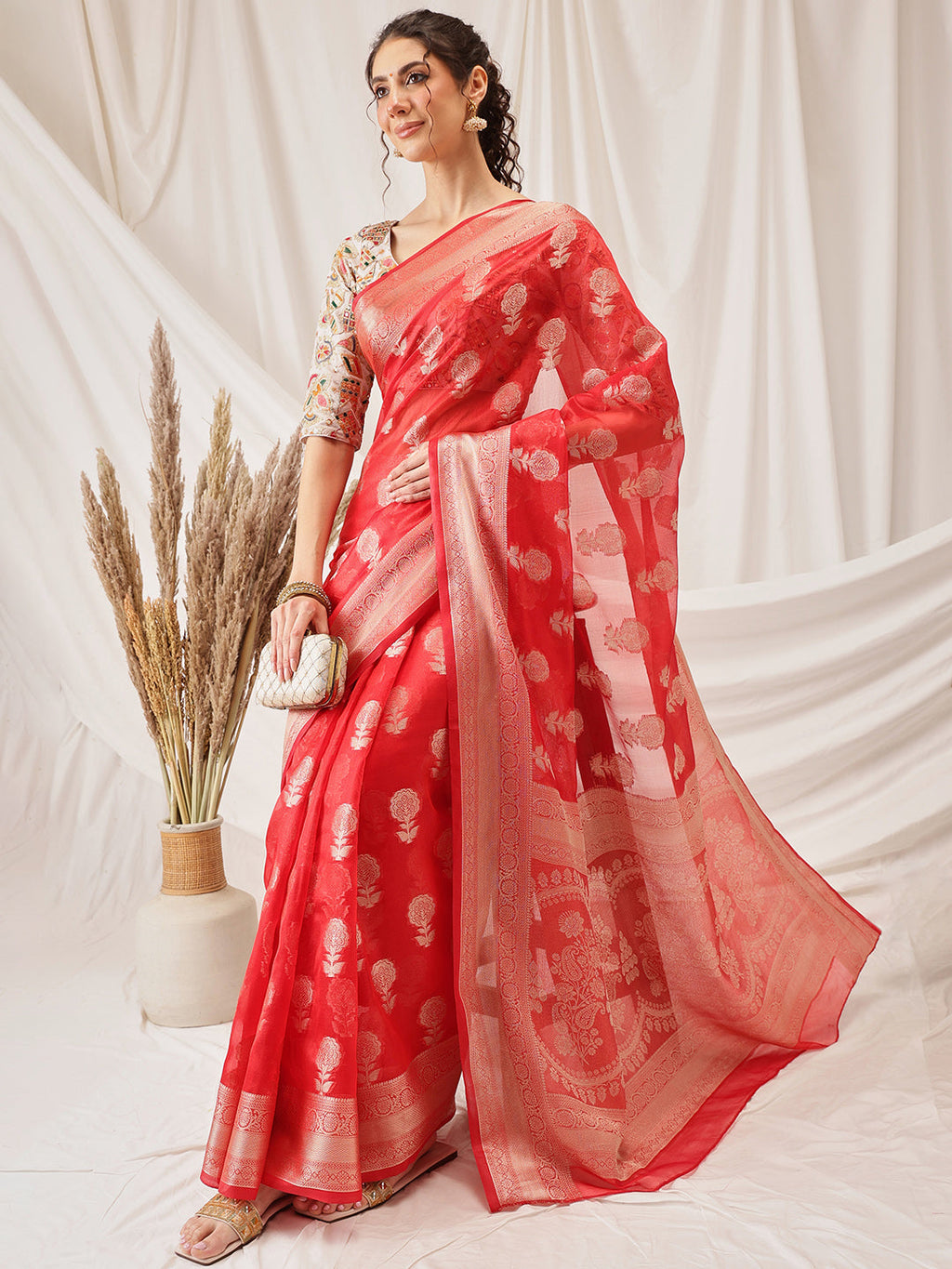 Hiral Fashion Red Banarasi Organza Silk Floral Woven Design Saree | Grocsy