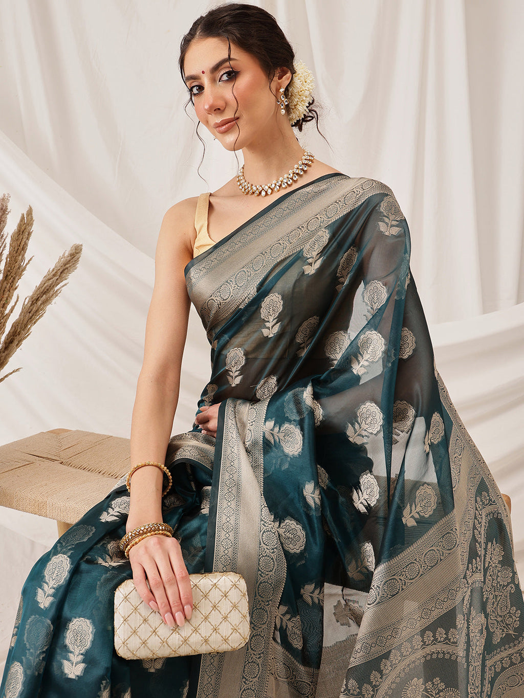 Hiral Fashion Teal Banarasi Organza Silk Floral Woven Design Saree | Grocsy