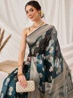 Hiral Fashion Teal Banarasi Organza Silk Floral Woven Design Saree | Grocsy