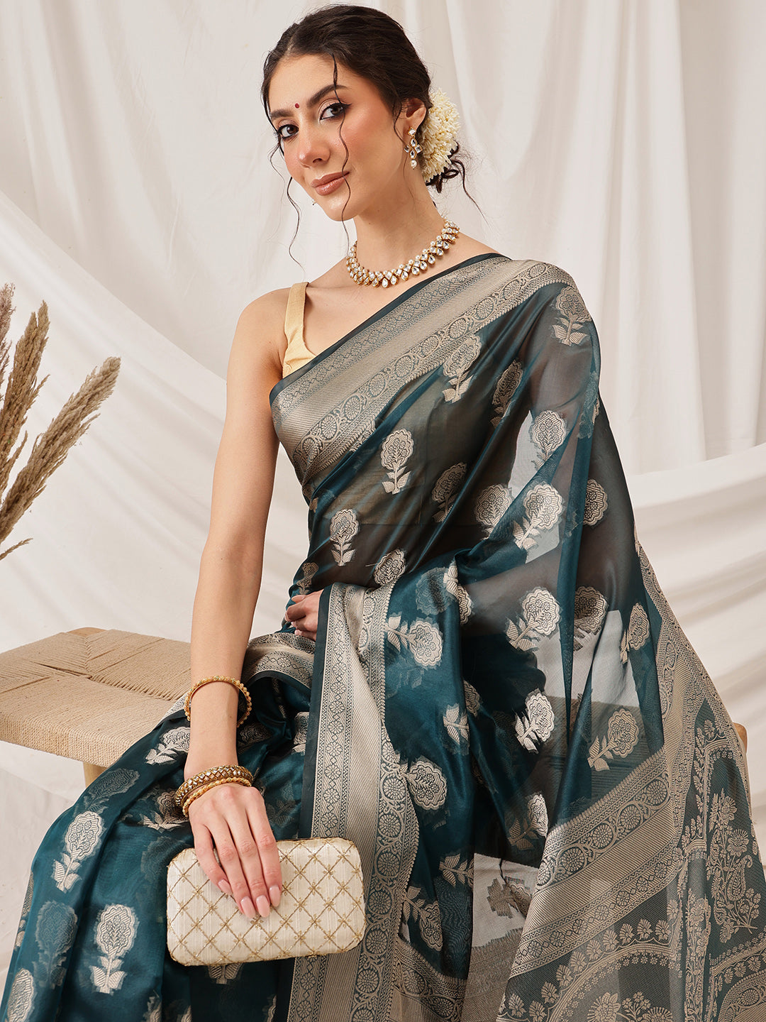 Hiral Fashion Teal Banarasi Organza Silk Floral Woven Design Saree | Grocsy