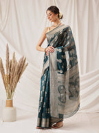 Hiral Fashion Teal Banarasi Organza Silk Floral Woven Design Saree | Grocsy