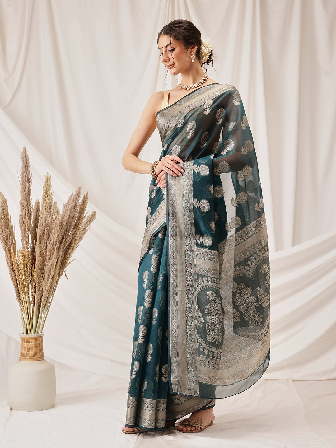 Hiral Fashion Teal Banarasi Organza Silk Floral Woven Design Saree | Grocsy