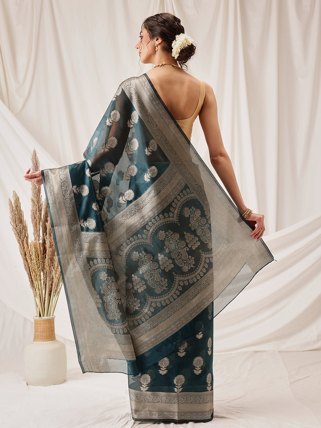 Hiral Fashion Teal Banarasi Organza Silk Floral Woven Design Saree | Grocsy
