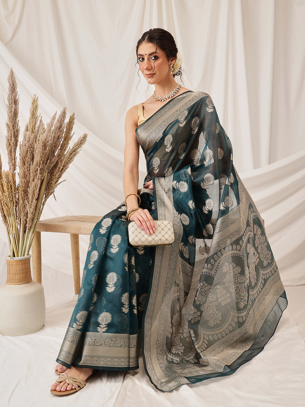 Hiral Fashion Teal Banarasi Organza Silk Floral Woven Design Saree | Grocsy