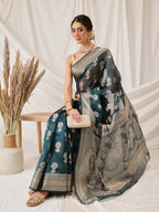 Hiral Fashion Teal Banarasi Organza Silk Floral Woven Design Saree | Grocsy