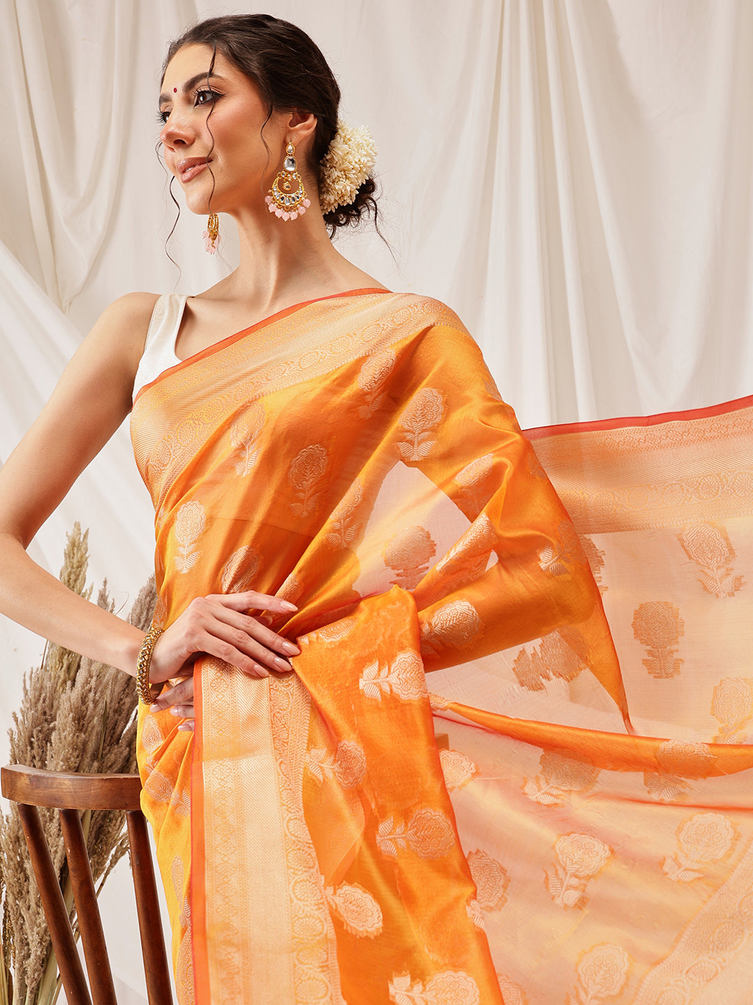 Hiral Fashion Yellow Banarasi Organza Silk Floral Woven Design Saree | Grocsy