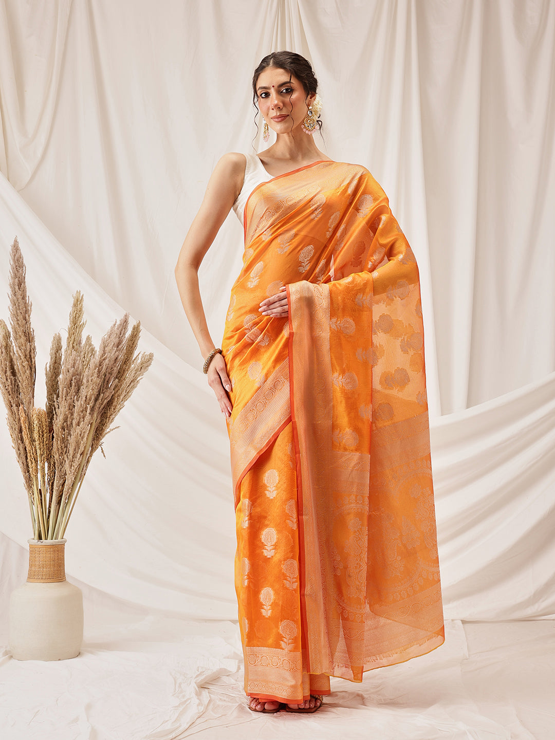 Hiral Fashion Yellow Banarasi Organza Silk Floral Woven Design Saree | Grocsy