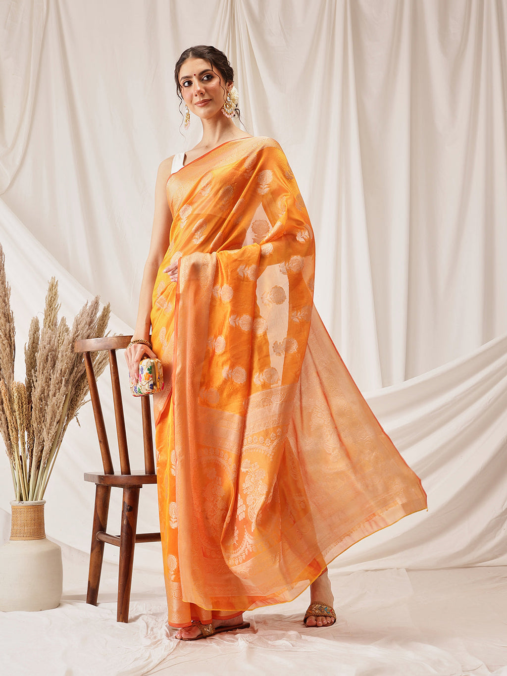 Hiral Fashion Yellow Banarasi Organza Silk Floral Woven Design Saree | Grocsy