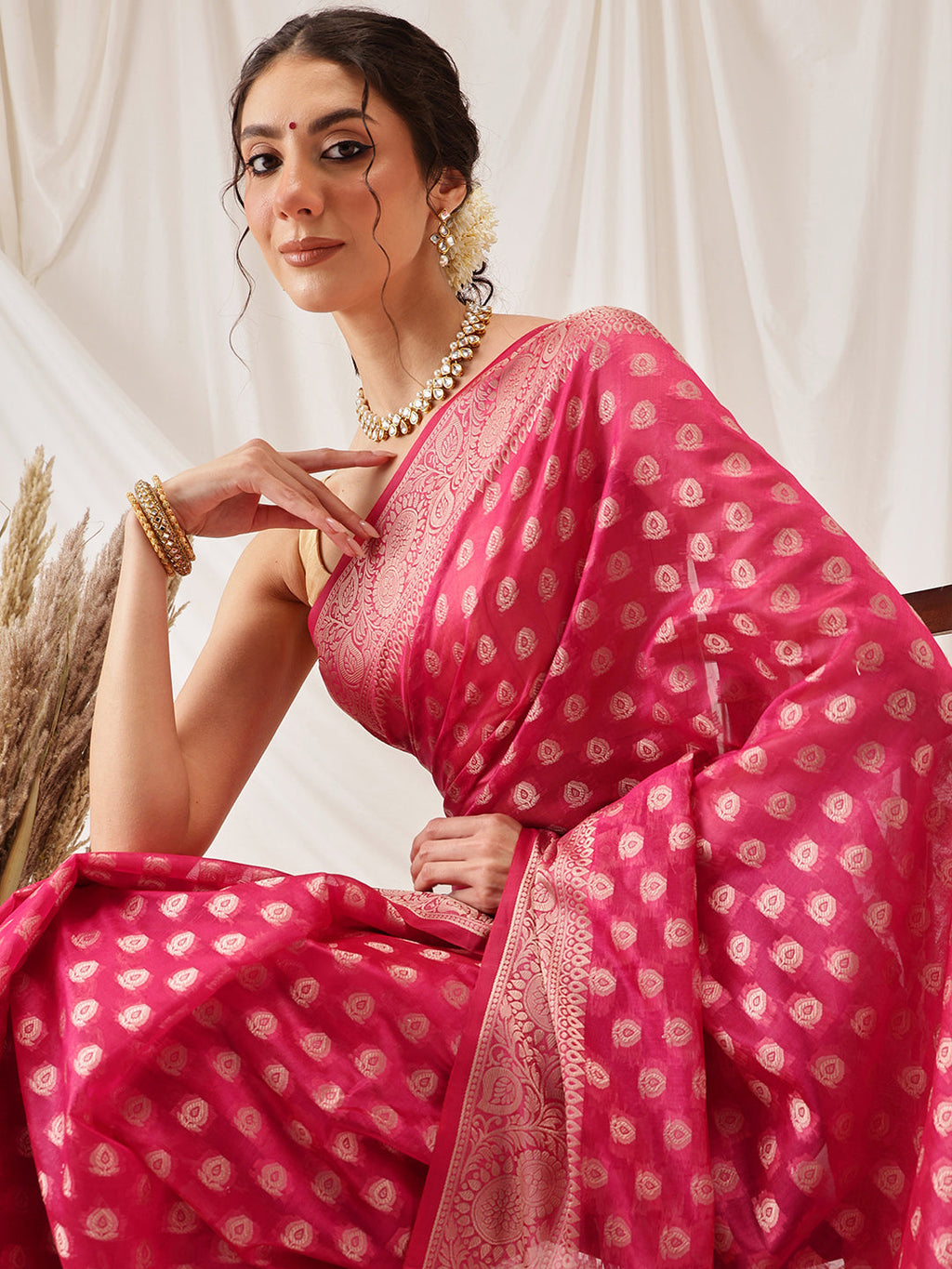 Hiral Fashion Pink Banarasi Organza Silk Floral Woven Design Saree | Grocsy