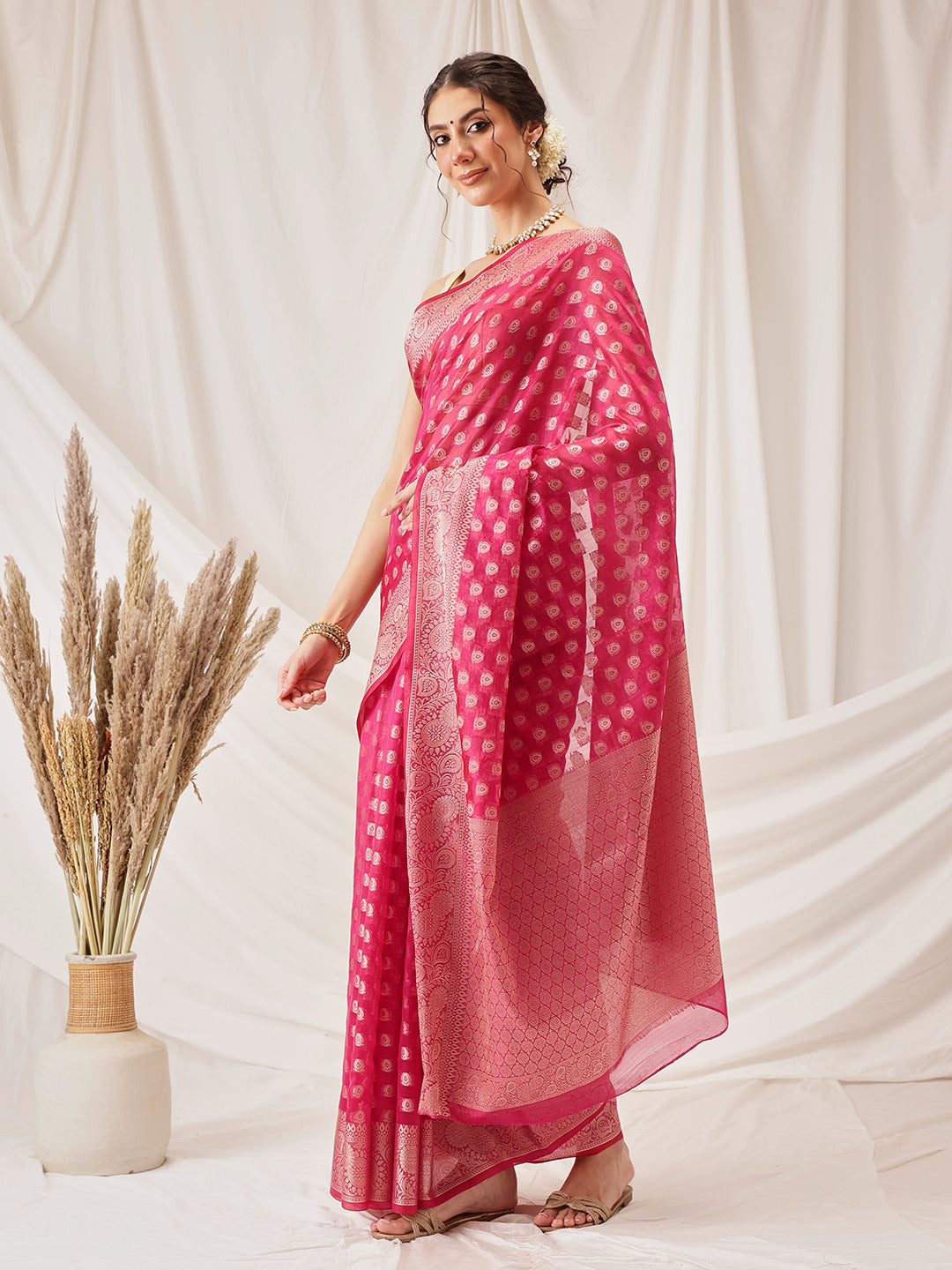 Hiral Fashion Pink Banarasi Organza Silk Floral Woven Design Saree | Grocsy