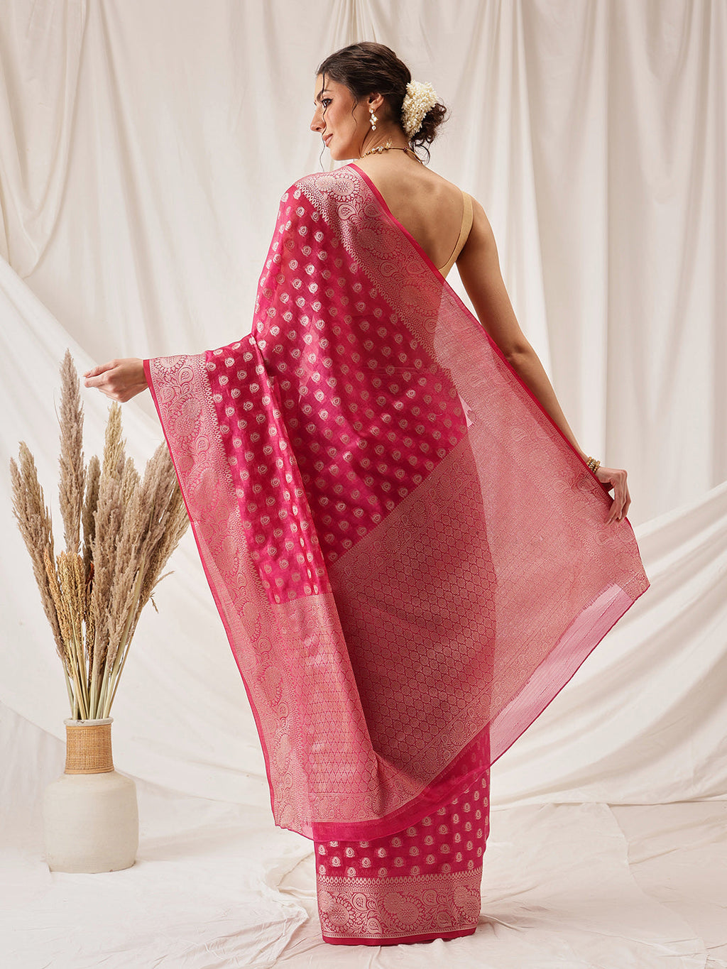 Hiral Fashion Pink Banarasi Organza Silk Floral Woven Design Saree | Grocsy