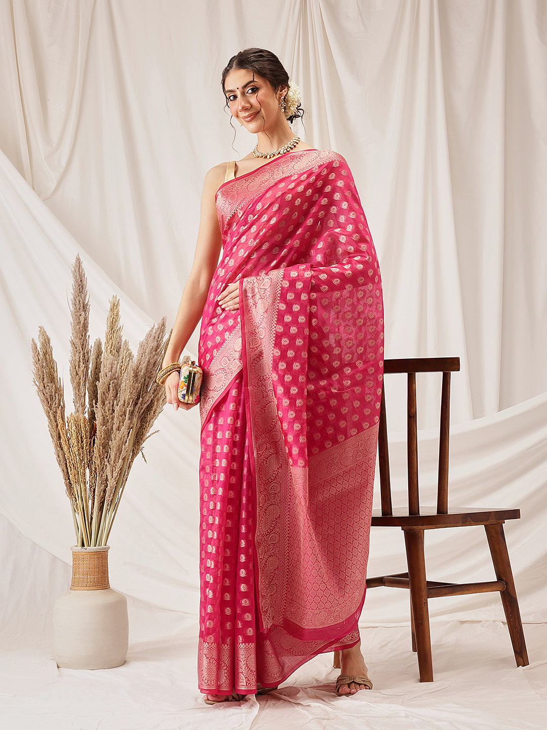 Hiral Fashion Pink Banarasi Organza Silk Floral Woven Design Saree | Grocsy