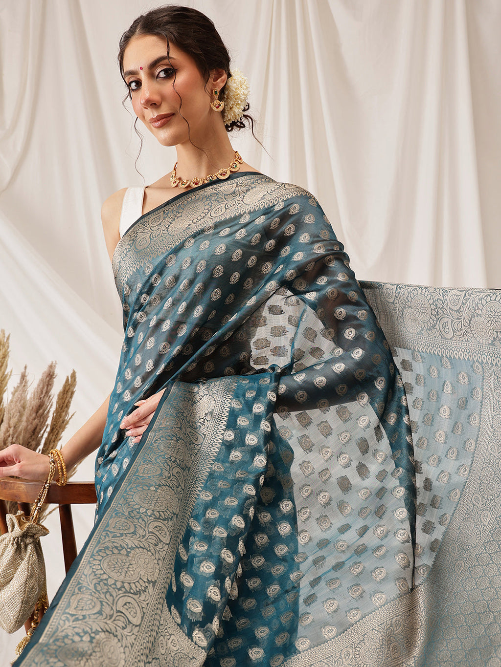 Hiral Fashion Teal Banarasi Organza Silk Floral Woven Design Saree | Grocsy
