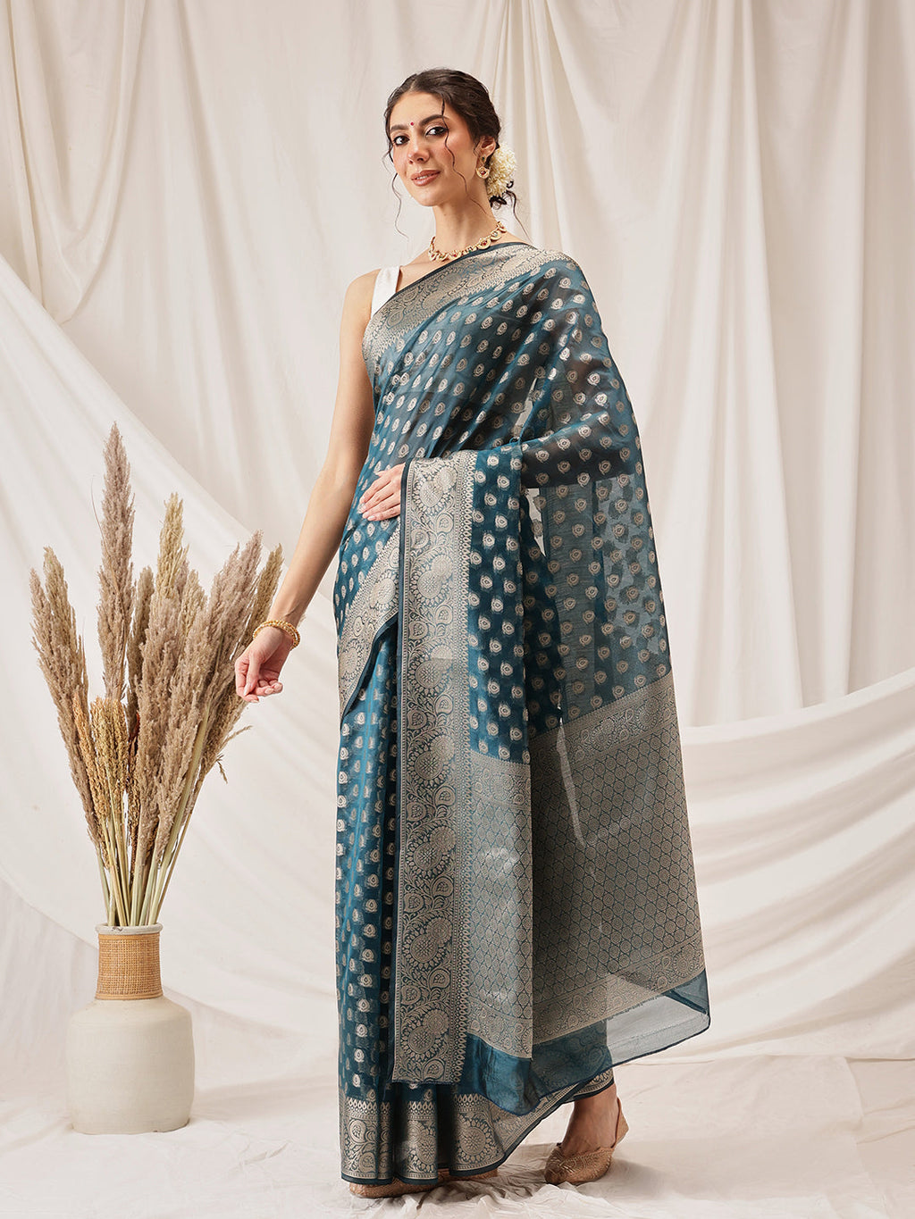 Hiral Fashion Teal Banarasi Organza Silk Floral Woven Design Saree | Grocsy