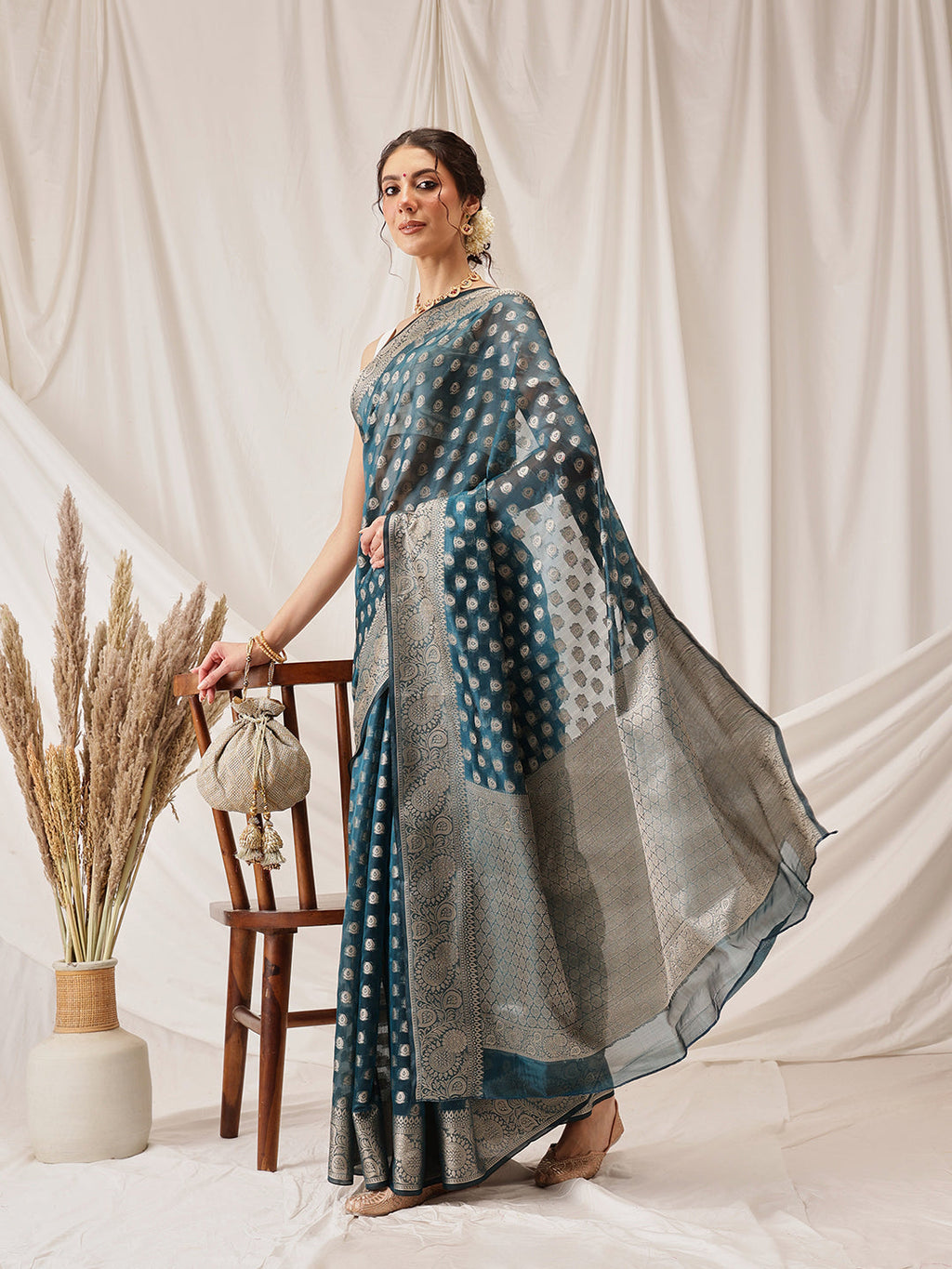 Hiral Fashion Teal Banarasi Organza Silk Floral Woven Design Saree | Grocsy