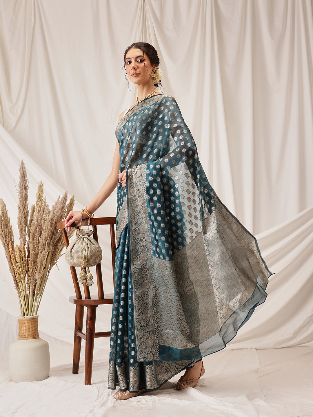 Hiral Fashion Teal Banarasi Organza Silk Floral Woven Design Saree | Grocsy