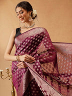 Hiral Fashion Purple Banarasi Organza Silk Floral Woven Design Saree | Grocsy