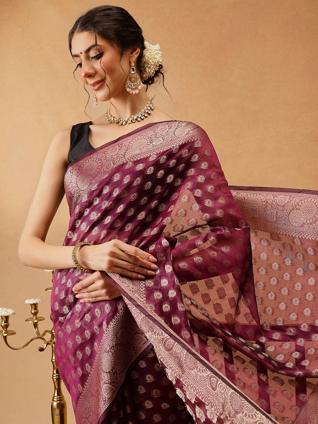 Hiral Fashion Purple Banarasi Organza Silk Floral Woven Design Saree | Grocsy