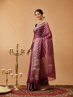 Hiral Fashion Purple Banarasi Organza Silk Floral Woven Design Saree | Grocsy