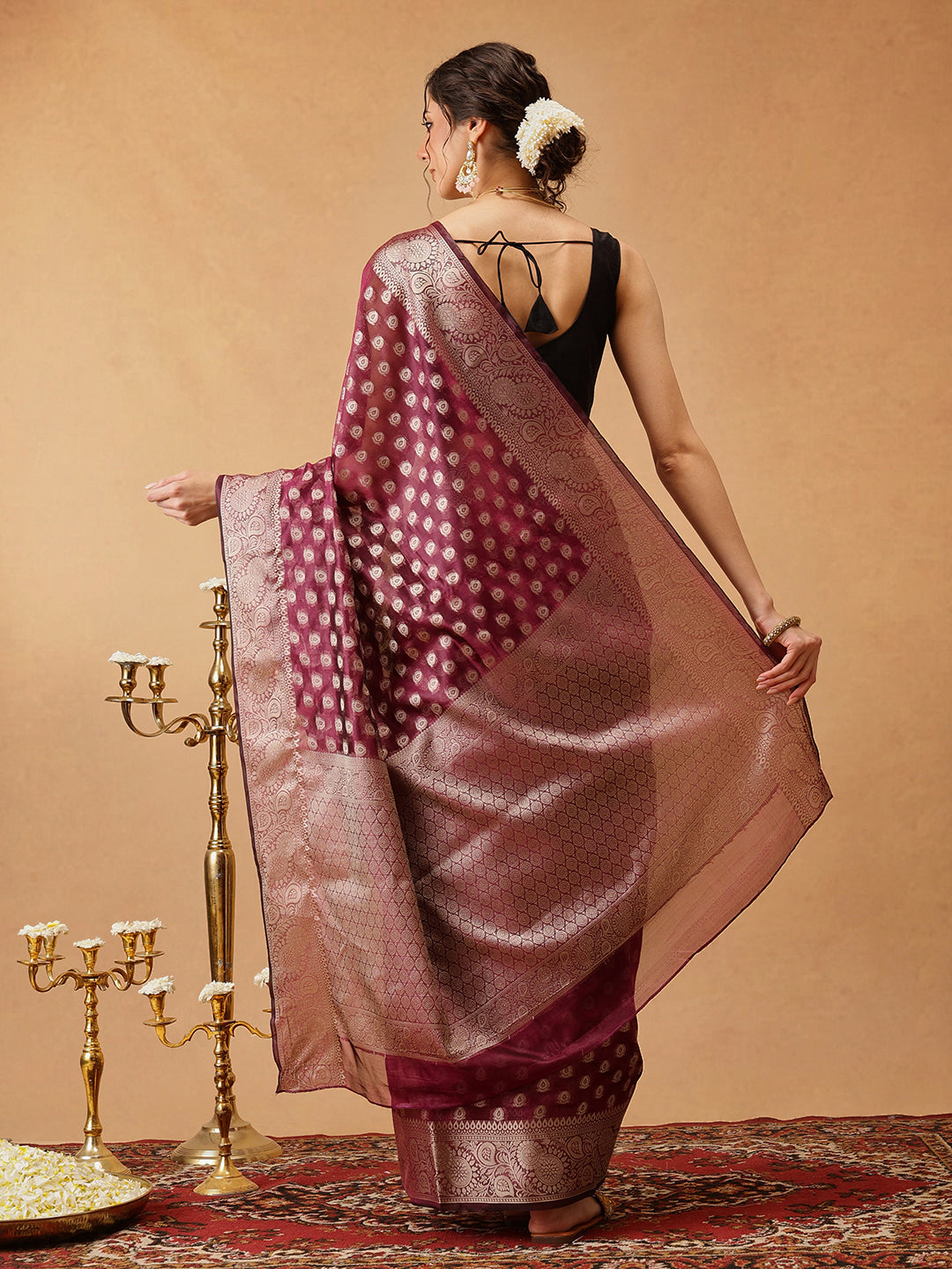 Hiral Fashion Purple Banarasi Organza Silk Floral Woven Design Saree | Grocsy