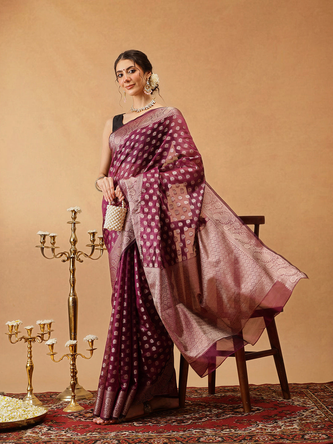 Hiral Fashion Purple Banarasi Organza Silk Floral Woven Design Saree | Grocsy