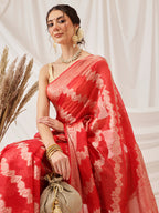 Hiral Fashion Red Banarasi Organza Silk Lahariya Woven Design Saree | Grocsy