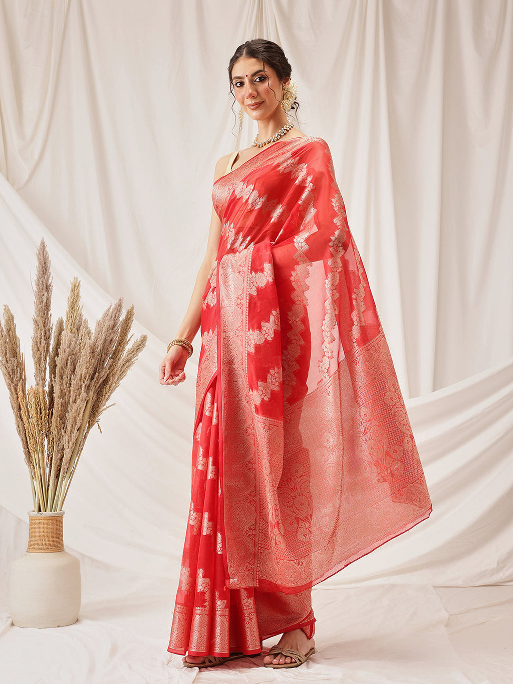 Hiral Fashion Red Banarasi Organza Silk Lahariya Woven Design Saree | Grocsy