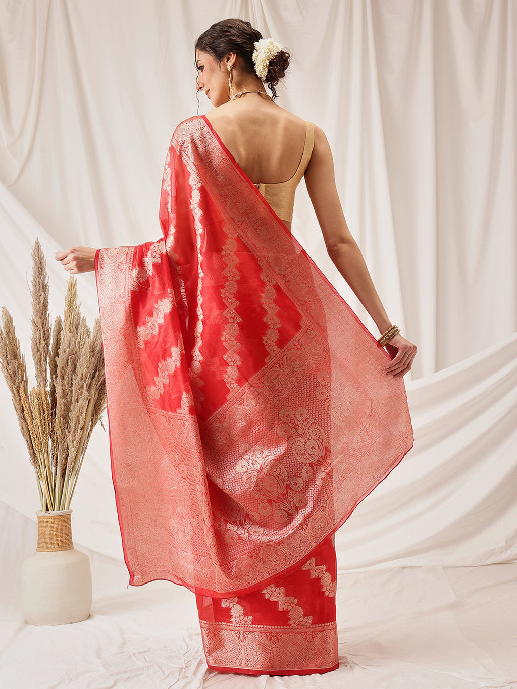 Hiral Fashion Red Banarasi Organza Silk Lahariya Woven Design Saree | Grocsy