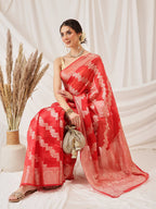 Hiral Fashion Red Banarasi Organza Silk Lahariya Woven Design Saree | Grocsy