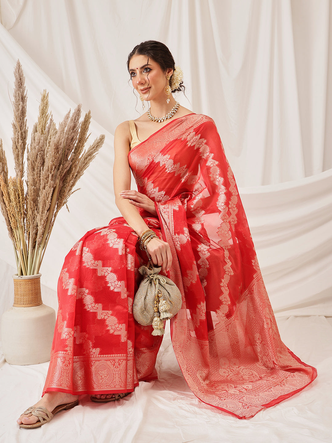 Hiral Fashion Red Banarasi Organza Silk Lahariya Woven Design Saree | Grocsy