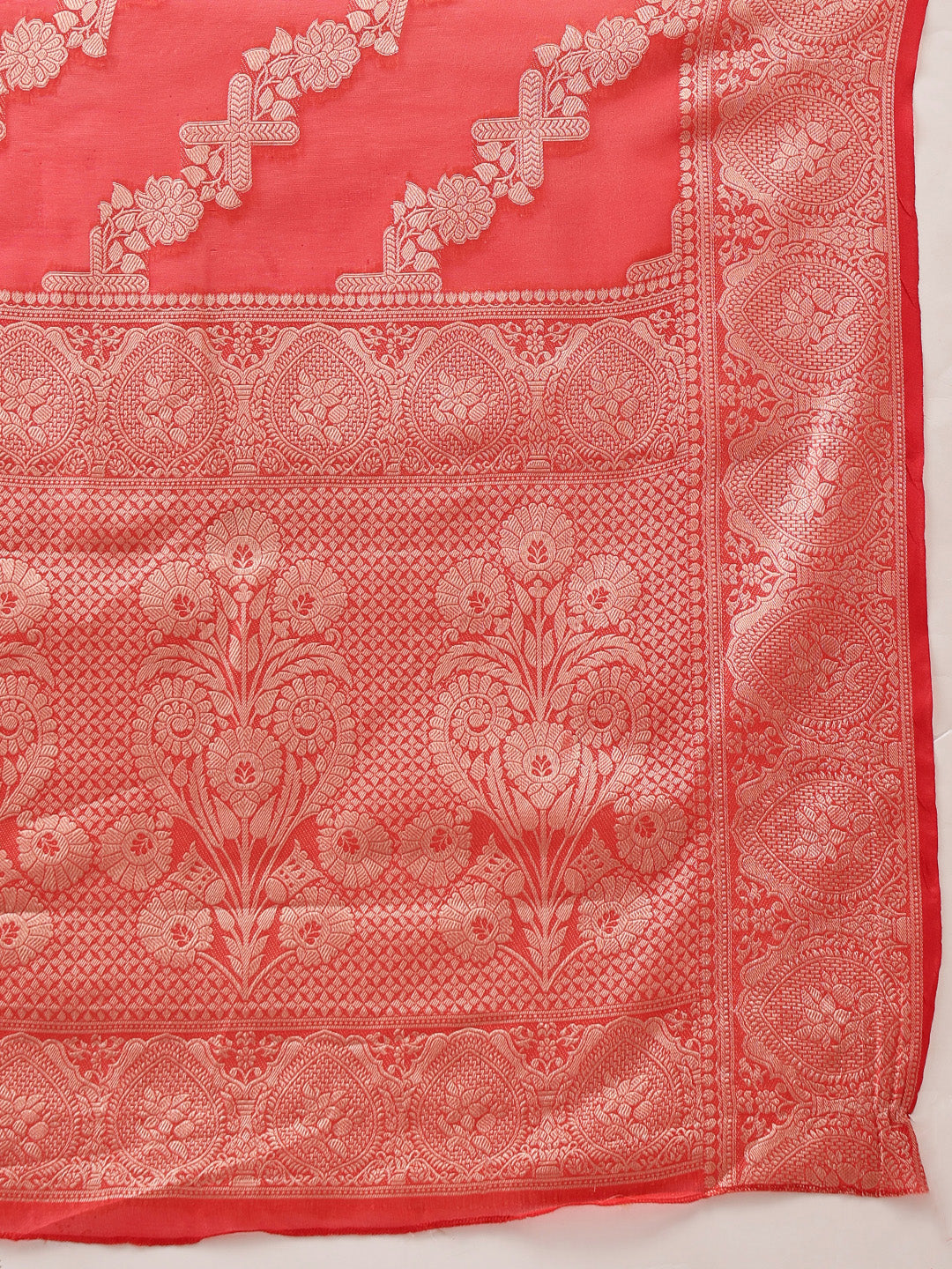 Hiral Fashion Red Banarasi Organza Silk Lahariya Woven Design Saree | Grocsy