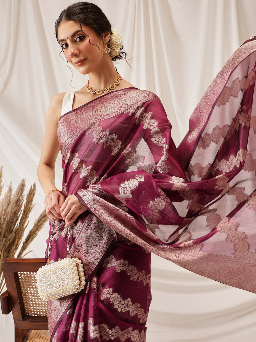 Hiral Fashion Purple Banarasi Organza Silk Lahariya Woven Design Saree | Grocsy