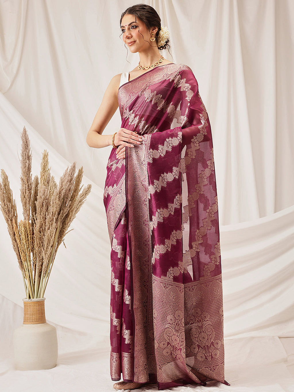 Hiral Fashion Purple Banarasi Organza Silk Lahariya Woven Design Saree | Grocsy