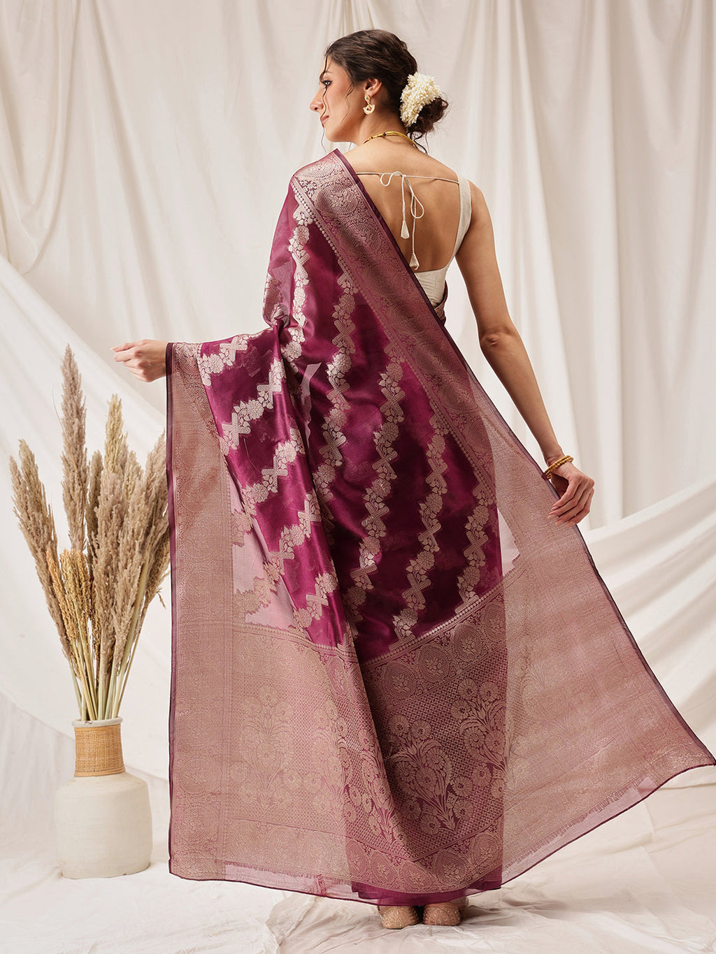 Hiral Fashion Purple Banarasi Organza Silk Lahariya Woven Design Saree | Grocsy