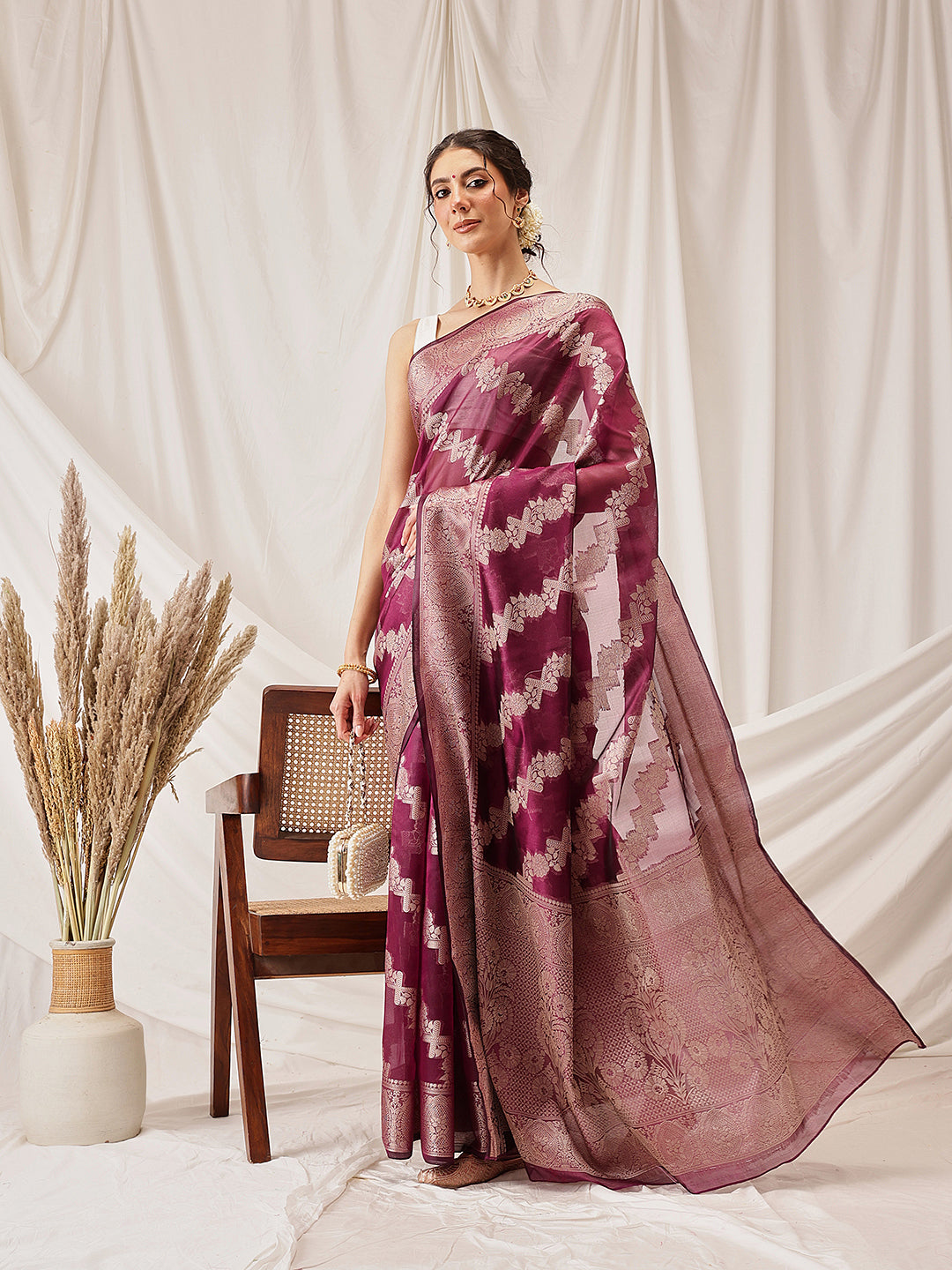 Hiral Fashion Purple Banarasi Organza Silk Lahariya Woven Design Saree | Grocsy