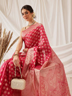 Hiral Fashion Pink Banarasi Organza Silk Floral Woven Design Saree | Grocsy