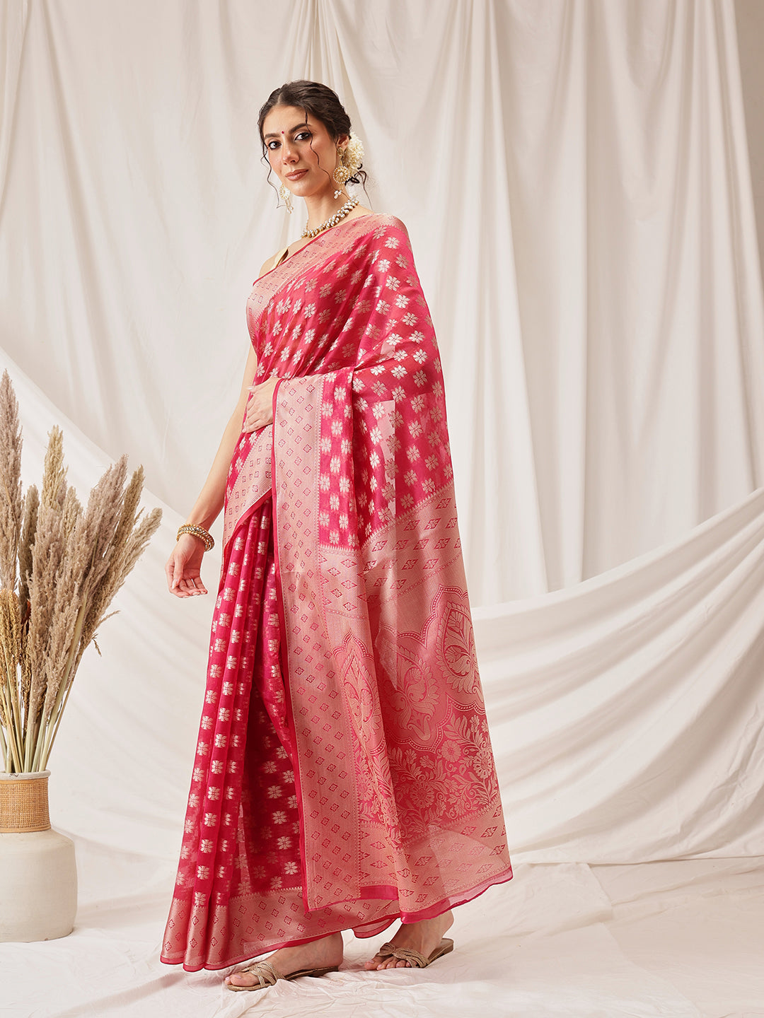 Hiral Fashion Pink Banarasi Organza Silk Floral Woven Design Saree | Grocsy