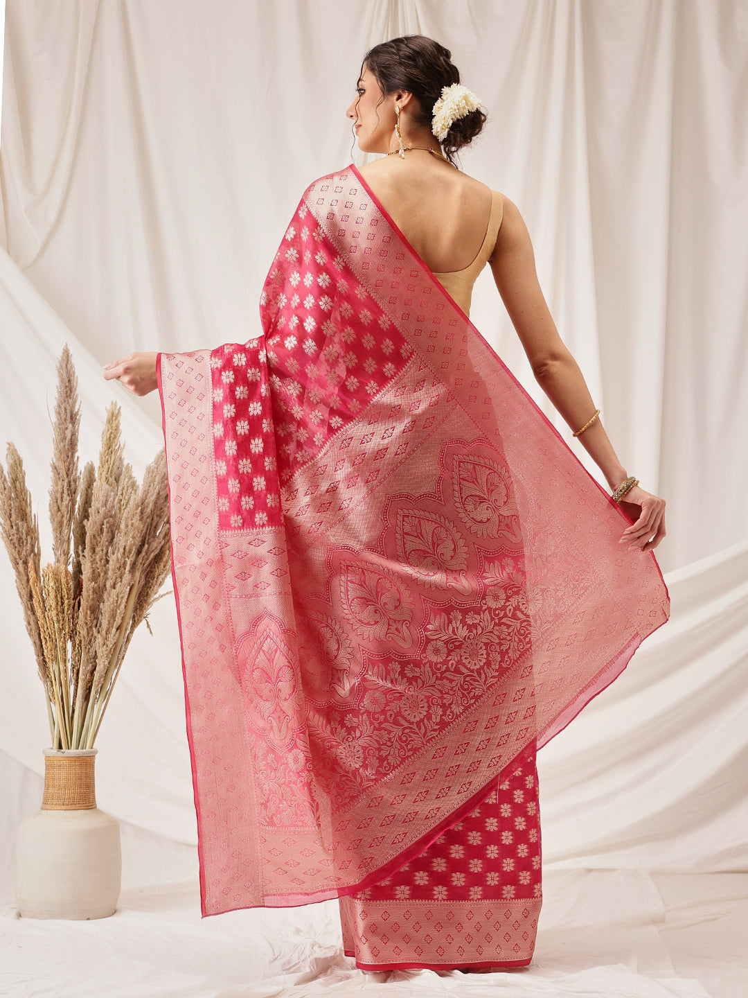 Hiral Fashion Pink Banarasi Organza Silk Floral Woven Design Saree | Grocsy
