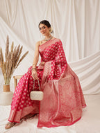 Hiral Fashion Pink Banarasi Organza Silk Floral Woven Design Saree | Grocsy