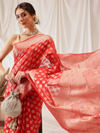 Hiral Fashion Red Banarasi Organza Silk Floral Woven Design Saree | Grocsy