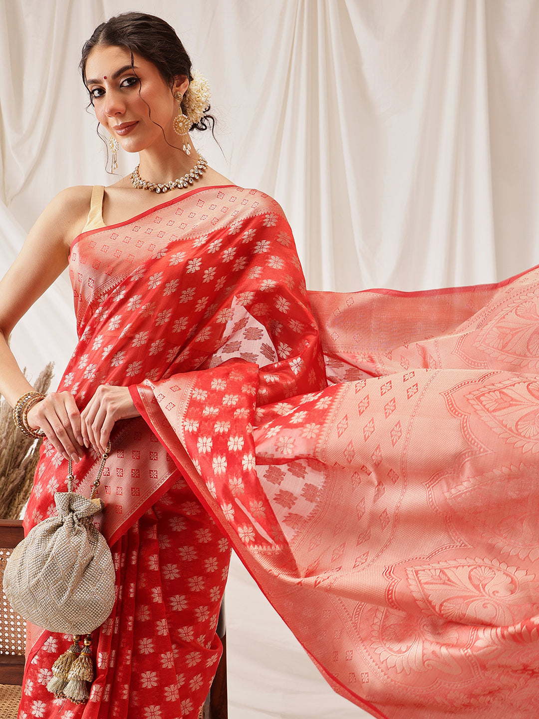 Hiral Fashion Red Banarasi Organza Silk Floral Woven Design Saree | Grocsy