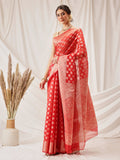Hiral Fashion Red Banarasi Organza Silk Floral Woven Design Saree | Grocsy