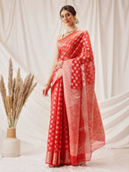 Hiral Fashion Red Banarasi Organza Silk Floral Woven Design Saree | Grocsy