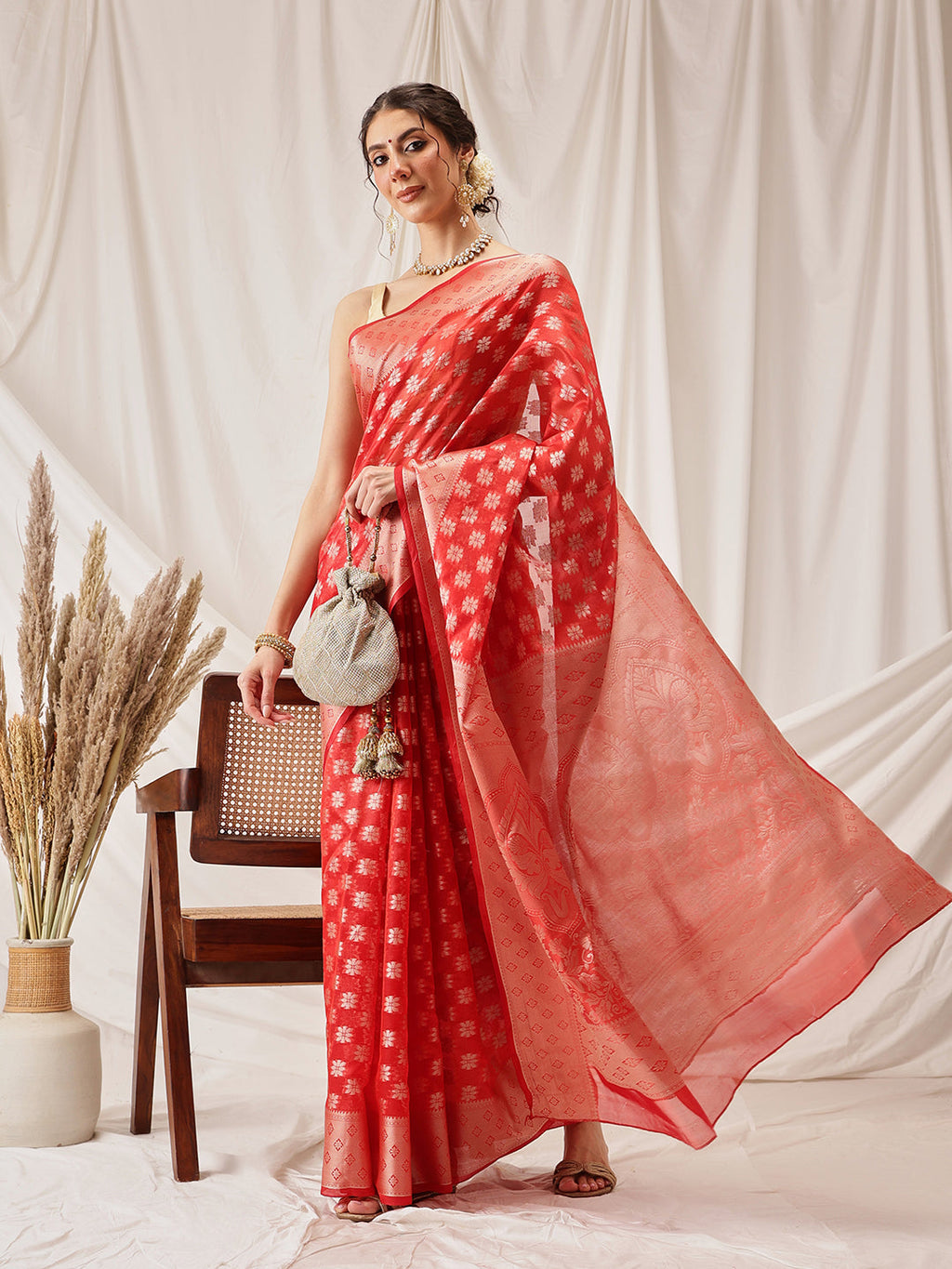 Hiral Fashion Red Banarasi Organza Silk Floral Woven Design Saree | Grocsy