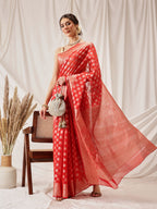 Hiral Fashion Red Banarasi Organza Silk Floral Woven Design Saree | Grocsy