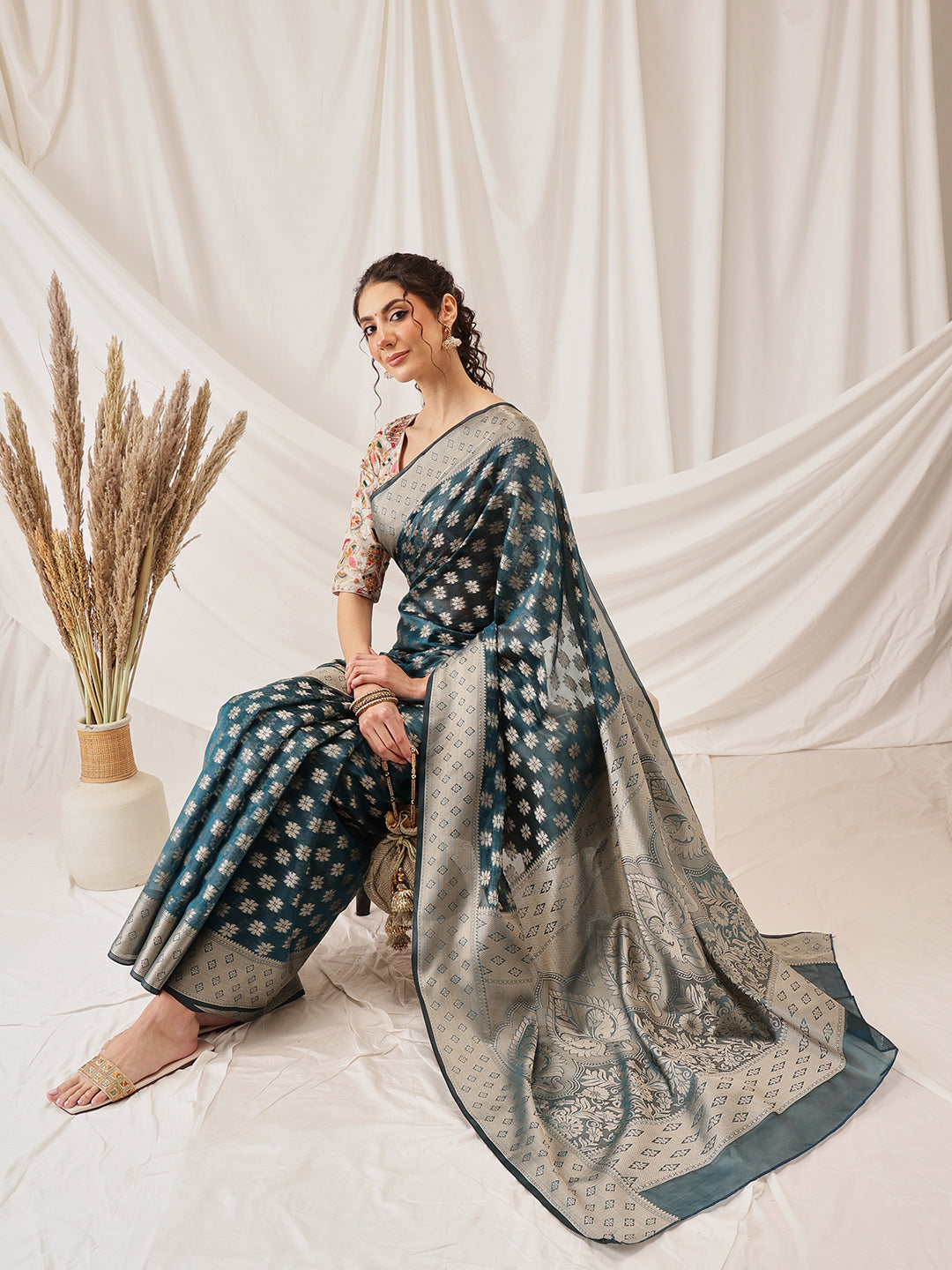 Hiral Fashion Teal Banarasi Organza Silk Floral Woven Design Saree | Grocsy