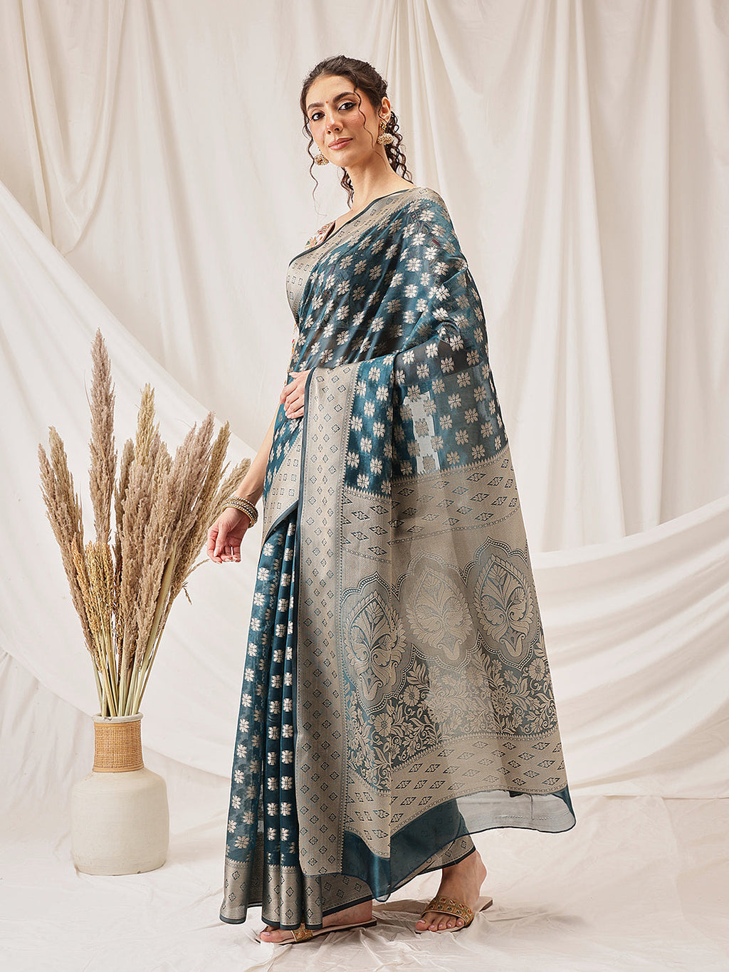 Hiral Fashion Teal Banarasi Organza Silk Floral Woven Design Saree | Grocsy