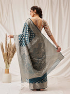 Hiral Fashion Teal Banarasi Organza Silk Floral Woven Design Saree | Grocsy